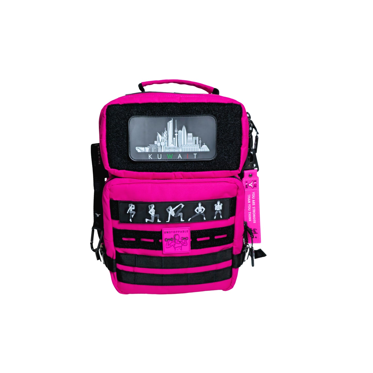A pink and black tactical backpack with multiple compartments and a digital display on the front.
