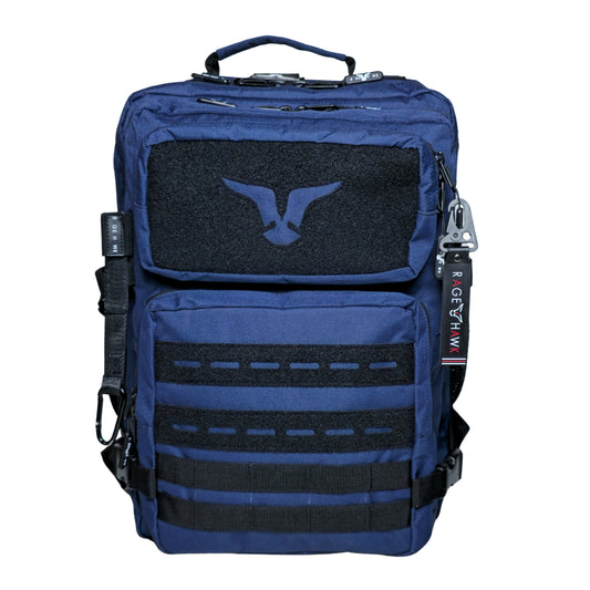 Blue tactical backpack with black accents on a white background